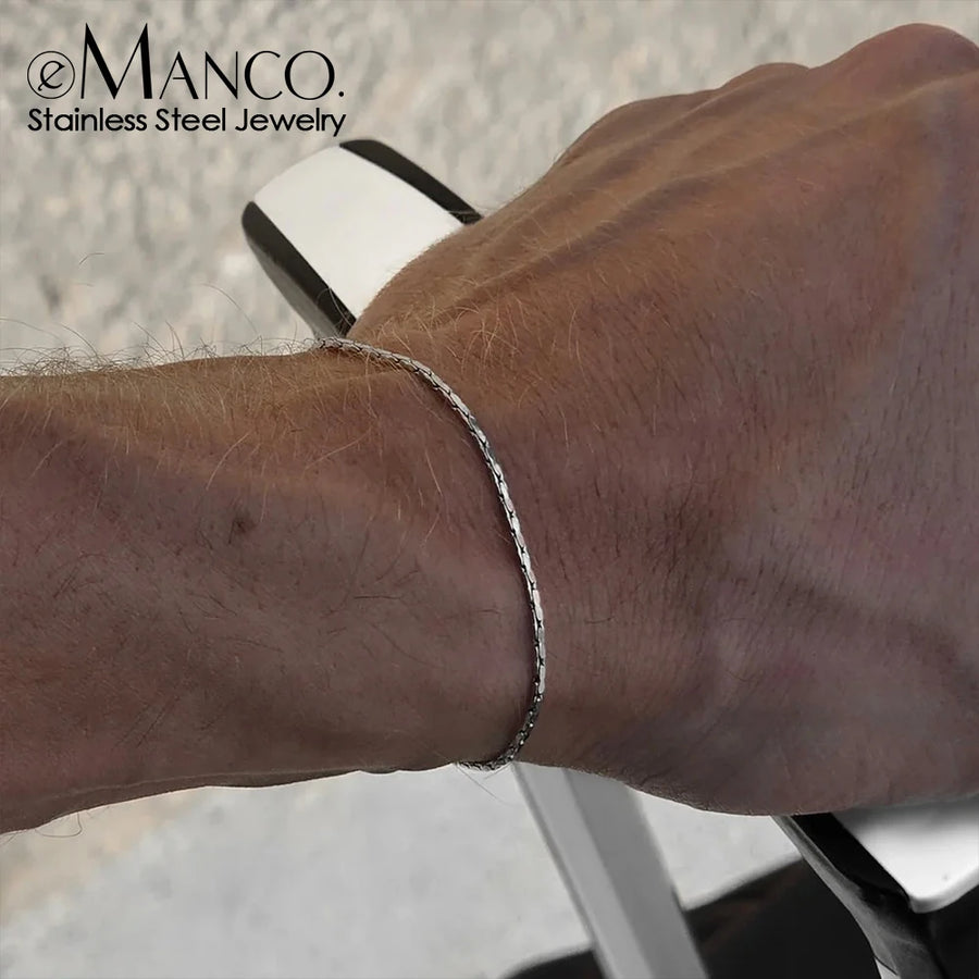eManco 1.3MM Hammered Wire Chain White Gold Bracelet Simple Men's No Color Loss Waterproof Hand Jewelry