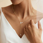Long Gold Necklace for Women - Dainty Lariat Necklace 14K Gold CZ Y Shaped Teardrop Necklaces Prom Formal Summer Beach Jewelry