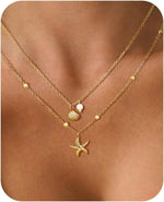Women Shell Necklace 14k Gold Plated Stainless Steel Layered Starfish Conch SeaShell Pearl Charm Necklace Summer Beach Jewelry
